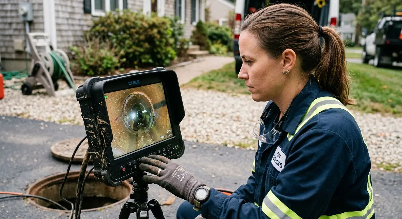 Technician reviewing sewer camera inspection footage in Laguna Beach