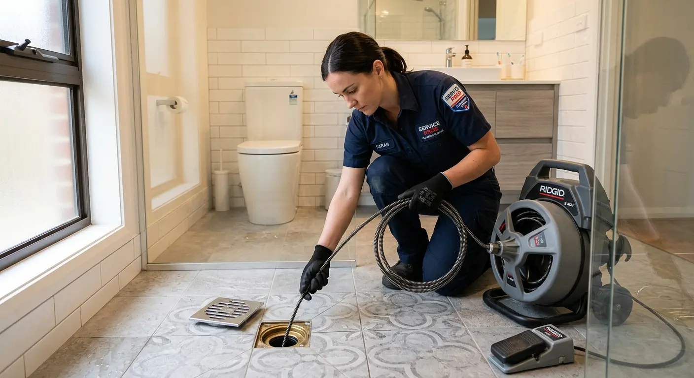 Technician clearing a bathroom floor drain for Drain Repair in Laguna Beach